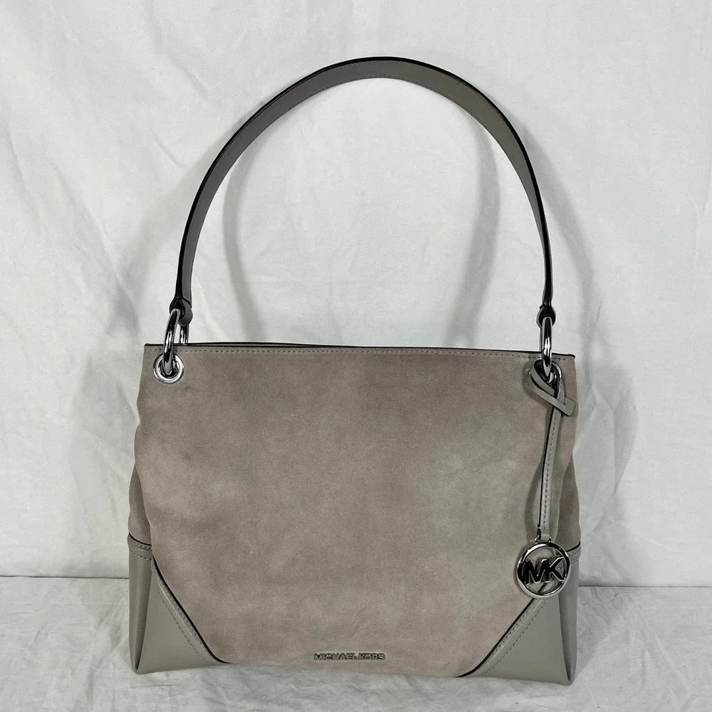 Michael Kors Handbag Gray Taupe Suede Leather Hobo Shoulder‎ Bag Silver MK Logo